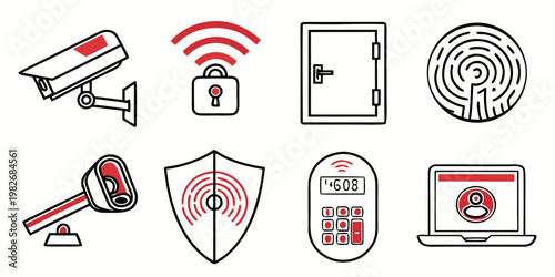 Set of eight red and black modern security and digital access icons with security surveillance protection technology connection illustration business wireless fingerprint identity
