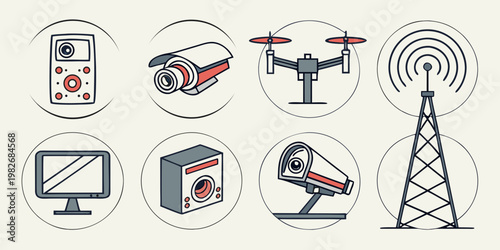 Collection of round tech icons featuring surveillance cameras drones and communication towers surveillance technology communication security broadcast equipment transmission monitoring