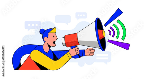 Person with Megaphone Announcing Information Loudly with Speech Bubbles and Sound Waves Illustration