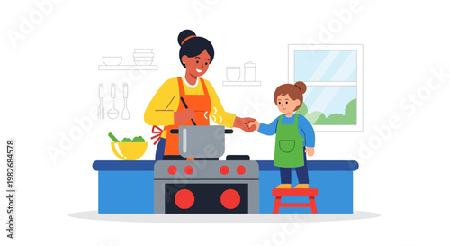 Family cooking together in the kitchen, a mother and daughter enjoying preparing a meal and bonding over a shared activity