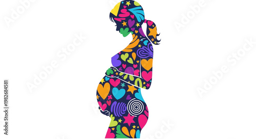 Vibrant Silhouette of a Pregnant Woman Adorned with Colorful Hearts and Shapes Symbolizing Love and New Beginnings