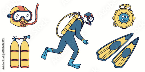 Colorful scuba diving icons set with diver and underwater equipment underwater recreation adventure nautical illustration collection isolated activity exploration training