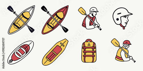 Set of kayaking and canoeing icons featuring canoes paddles helmets and life jackets for water sports lifejacket adventure illustration equipment recreation activity paddling collection