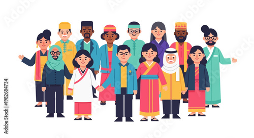 Diverse group of people from around the world standing together, representing unity and global community in a colorful illustration