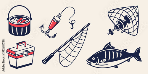 Fishing tackle box net and fish icons set with equipment recreation nautical collection illustration lifestyle activity vacation supplies container fishhook
