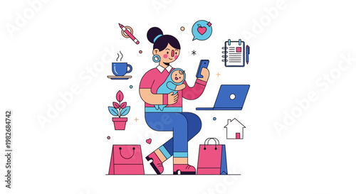Modern Mother Juggling Work, Baby Care, and Daily Life Demands While Connected to the Digital World from Home Vector Illustration