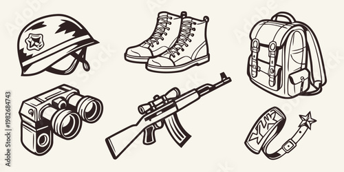 Black and white military gear icon set with helmet combat boots backpack binoculars rifle for tactical illustration military tactical backpack binoculars survival adventure monochrome