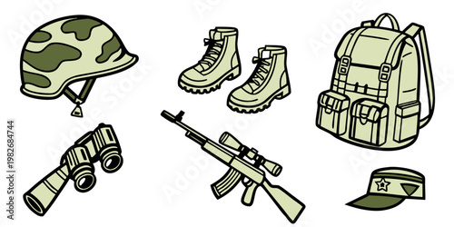 Military equipment set featuring camouflage helmet combat boots backpack binoculars rifle for tactical gear and armed forces concept military equipment tactical backpack binoculars
