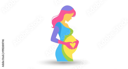 Illustration of a pregnant woman with a colorful body, creating a heart shape with her hands over her baby bump, symbolizing motherhood and new life