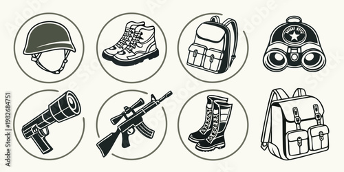 Set of military equipment icons featuring helmet boots backpack binoculars tactical weapons military tactical equipment backpack binoculars survival adventure protection security