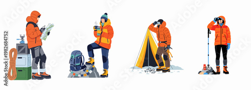 Vector illustration of mountain climbers in orange winter gear engaged in various mountaineering activities like navigating, camping, and scouting on a white background.