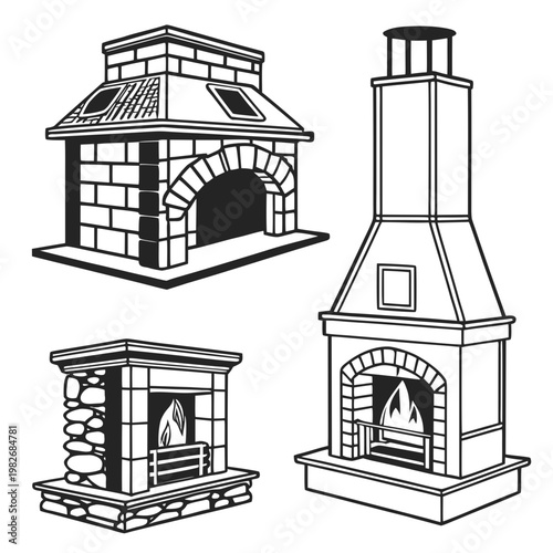 Decorative fireplace set featuring stone masonry and modern heating units fireplace architecture interior illustration decoration monochrome collection architectural structure