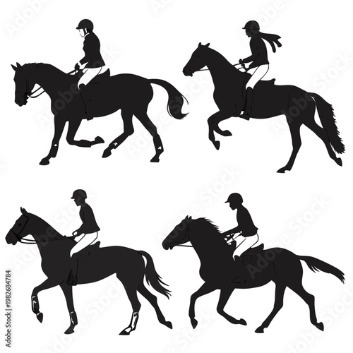 Collection of equestrian silhouettes featuring horse and rider in different gaits silhouette equestrian collection training competition activity movement background equitation trotting