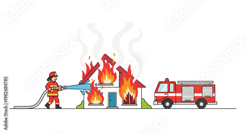 Brave firefighter actively working to extinguish a dangerous house fire with a powerful water hose, as an emergency fire truck provides support during this critical incident