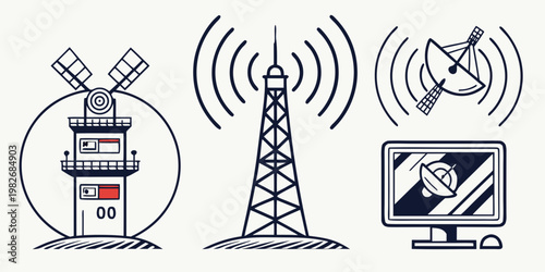 Telecommunication infrastructure and satellite monitoring graphic set with satellite telecommunication broadcast communication technology computer monitoring connectivity wireless