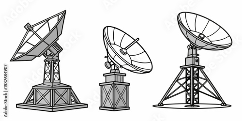 Set of three detailed satellite dish communication antennas for radio and data signal transmission with satellite communication transmission technology telecommunication broadcast tracking