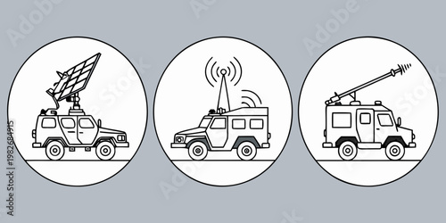 Set of communication and military mobile unit vehicles with antennas in line art style military communication technology transmission transport illustration satellite broadcasting