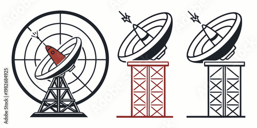 Satellite dish and telecommunication tower vector icon set for wireless communication and signal transmission with satellite communication telecommunication transmission wireless technology