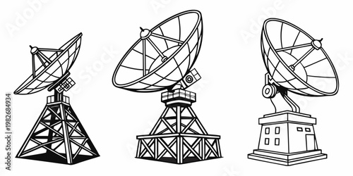 Set of three black and white satellite dish antennas for communication and radar surveillance with satellite communication transmission technology broadcast telecommunication tracking