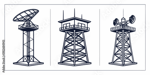 Set of three communication towers and radio antenna structures in black and white line art with communication broadcast telecommunications technology infrastructure transmission satellite