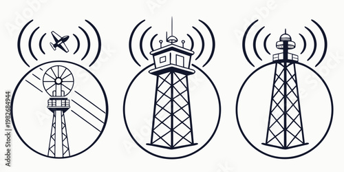 Set of radio communication towers with signal waves and airplane silhouette communication broadcast aviation airplane telecommunications technology infrastructure transmission receiver