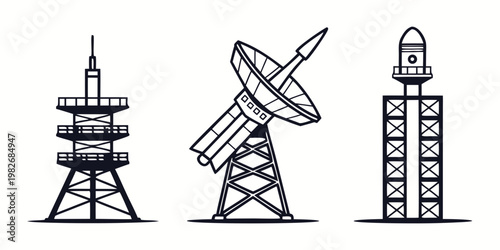 Trio of technical radio and satellite communication tower structures with satellite communication broadcast telecommunications technology infrastructure transmission receiver transmitter