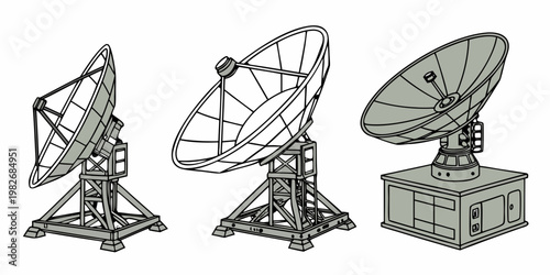 Set of three large satellite dish antennas for communication and radar signal transmission with satellite communication technology transmitter receiver broadcast telecommunication