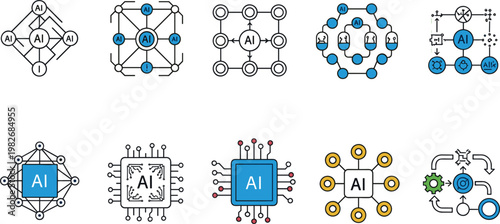 Billede på lærred Artificial intelligence icons set with neural network chip data processing and m