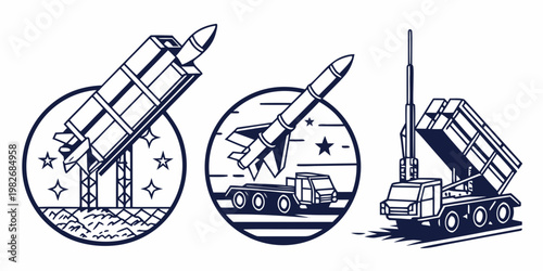 Round military badges featuring missile systems and launch vehicles military artillery strategy strategic technical security logistics launcher tracking preparedness hardware