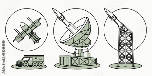 Set of military radar and missile launch vehicle icons in flat outline style with military launcher technology surveillance artillery security communication detection satellite tracking