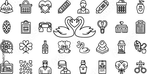 Love and Romance Outline Icon Set for Valentine's Day, Wedding, and Relationship Themes. Black and White Line Art Symbols Collection.