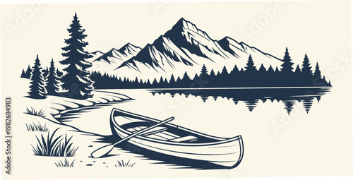 Graphic illustration of a canoe on a mountain lake shore with pine forest background mountain landscape adventure wilderness illustration silhouette vacation recreation paddling