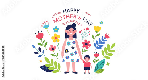 A Happy Mother's Day illustration featuring a mother and child surrounded by colorful spring flowers and floral elements, celebrating motherhood