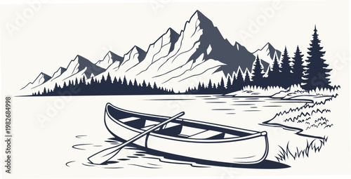Minimalist graphic of a canoe on a serene mountain lake shore with coniferous trees mountain landscape adventure wilderness illustration silhouette vacation recreation paddling