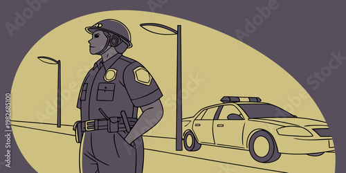 Police officer standing guard on a street with patrol car in background authority enforcement security policing character illustration minimalist standing personnel equipment official