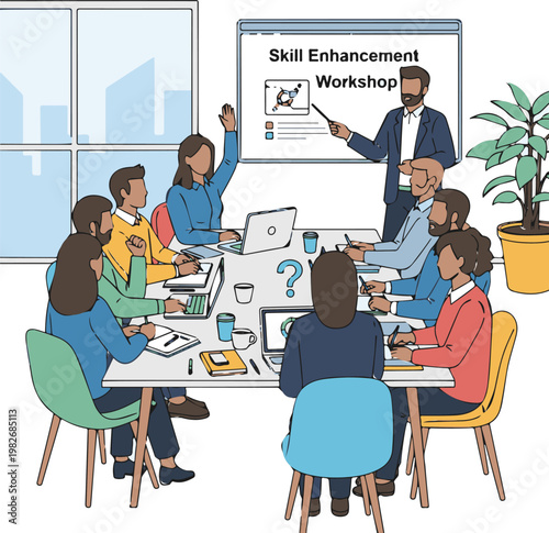 Professional instructor leading a corporate skill enhancement workshop for diverse employees sitting together at a modern office conference table vector
