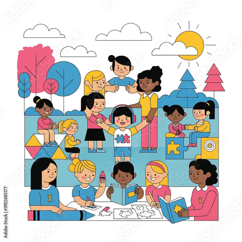 Diverse children and adults learning together.