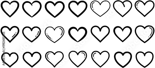 Black and White Line Art Collection of Various Hand-Drawn Hearts on White Background