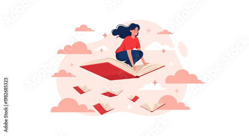 Magical journey of imagination with pink clouds and books