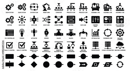 Industrial automation icons set, 60 smart manufacturing symbols, black solid vector elements for factory production and robotics workflow