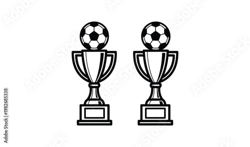 Two identical trophies with soccer balls on top, symbolizing victory and achievement in sports, illustrated in black and white.