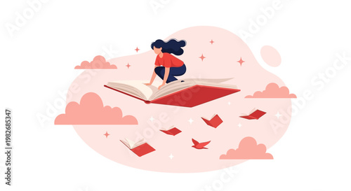 A young woman flying on a giant red book in the stars