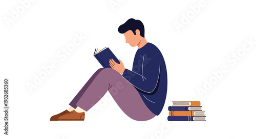 A man in deep thought sitting with a stack of books