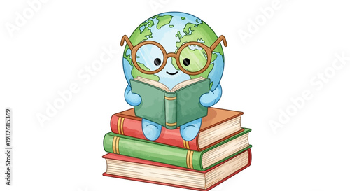 A cute globe character with glasses reading an open book