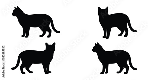Black cat silhouette vector set, standing domestic feline outlines, 4 cat icons in profile and three-quarter view, minimalist pet animal graphics