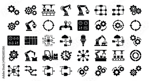Industrial automation icons set, 40 manufacturing and robotics vector elements, smart factory technology symbols, black mechanical engineering pictograms