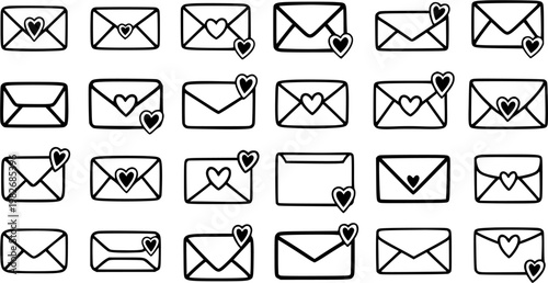 Romantic Communication Hand-Drawn Line Art Vector Seamless Pattern of Envelopes and Hearts for Love Letters and Valentine's Day Mail