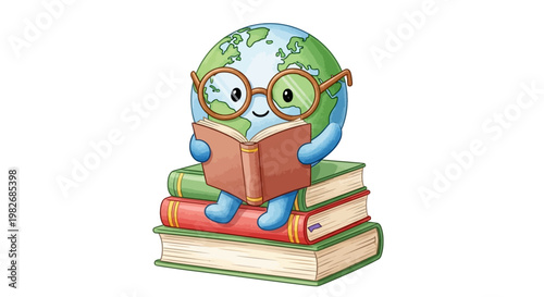 Watercolor globe exploring stories from a stack of books