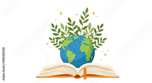 Botanical earth mascot growing from the pages of a book