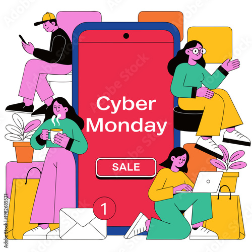 Cyber Monday mobile shopping illustration in colorful flat design